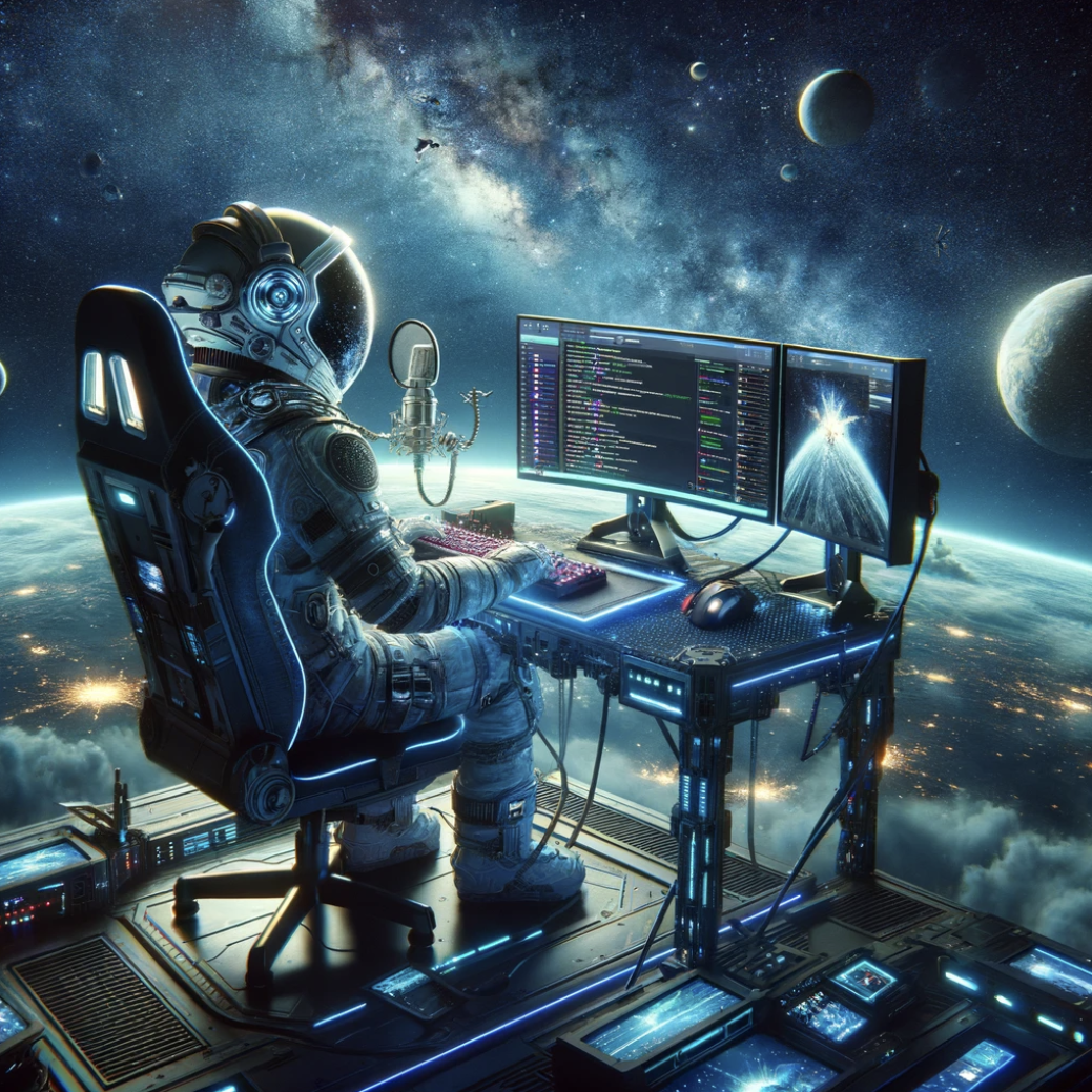 An AI generated image of a person in a spacesuit sitting at a desk with a keyboard and 3 monitors in front of them. There is a planet below and stars in the background.